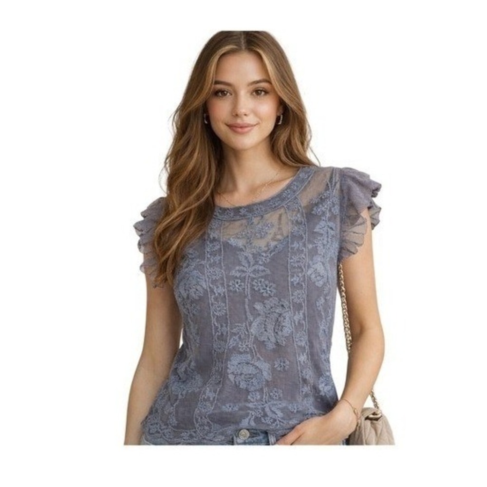 Sundance Embroidery Lace Semi Sheer Wismsgoth Blue Gray Blouse M